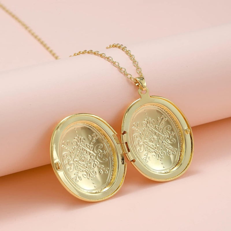 SCRDPRAD Vintage Engraved Flower Empaistic Photo Locket Hold Picture Oval Round Pendant Necklace Antique Carved Pattern Souvenir Memorial Clavicle Sweet Jewelry for Women - Image 3